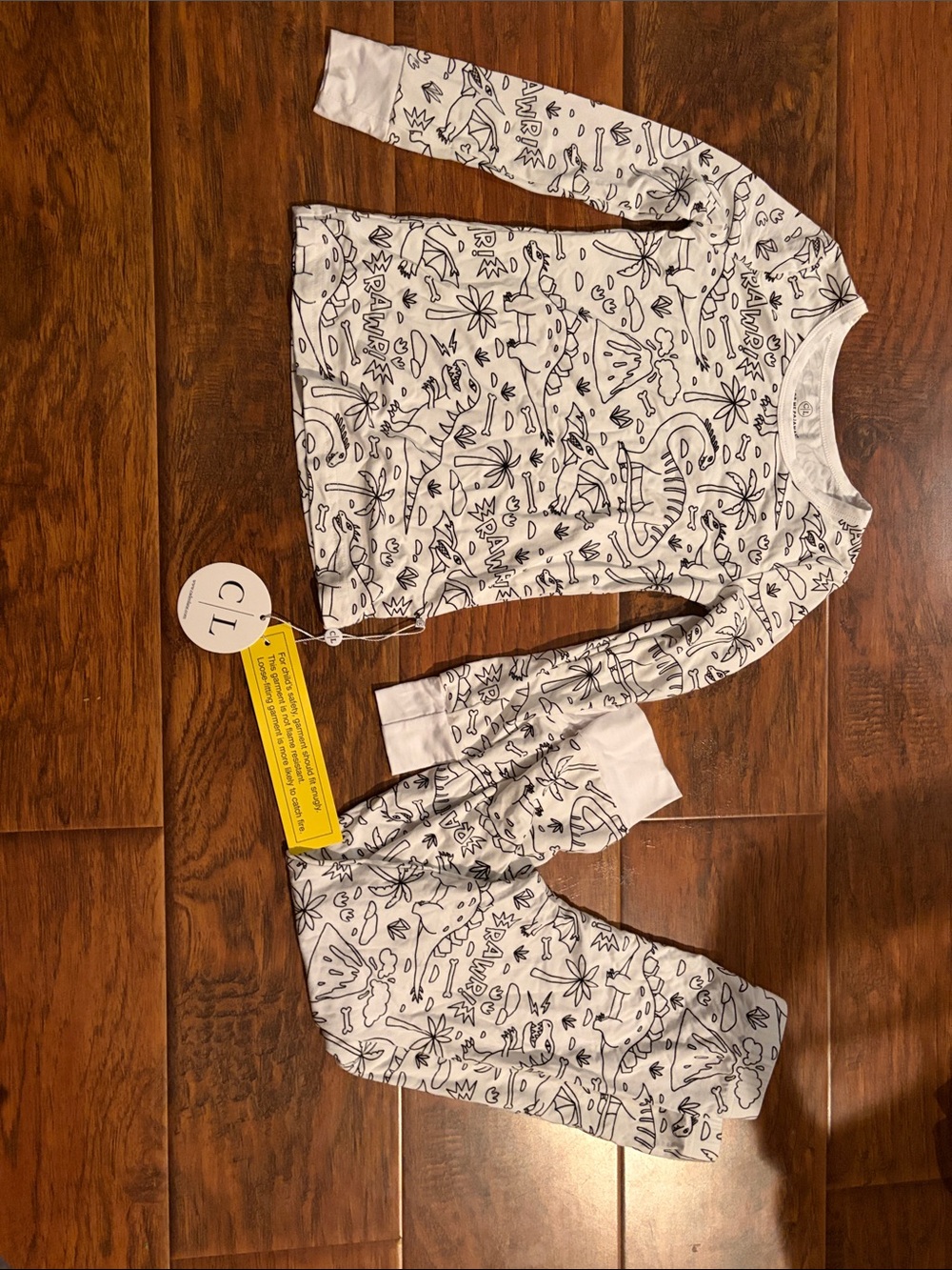 Caden Lane Color Me Kids Pajamas-  White Dino Print Long-Sleeve Top